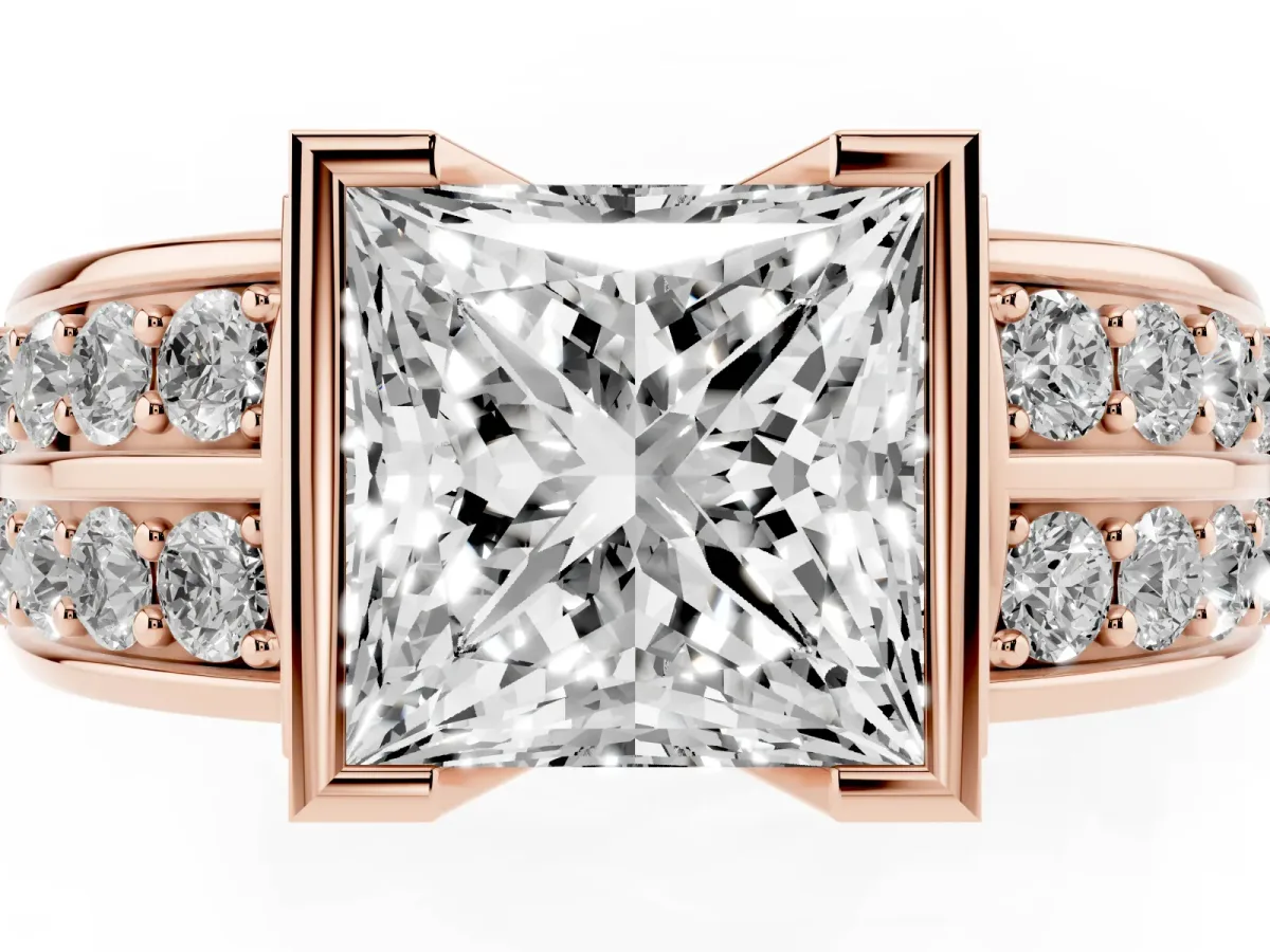Princess Cut Brilliant Diamond Channel Set Wide Band Ring with Bezel Setting Rose gold