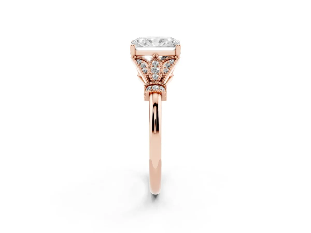 Radiant Cut Diamond Solitaire Ring with Floral Filigree and Pave Accents Rose gold