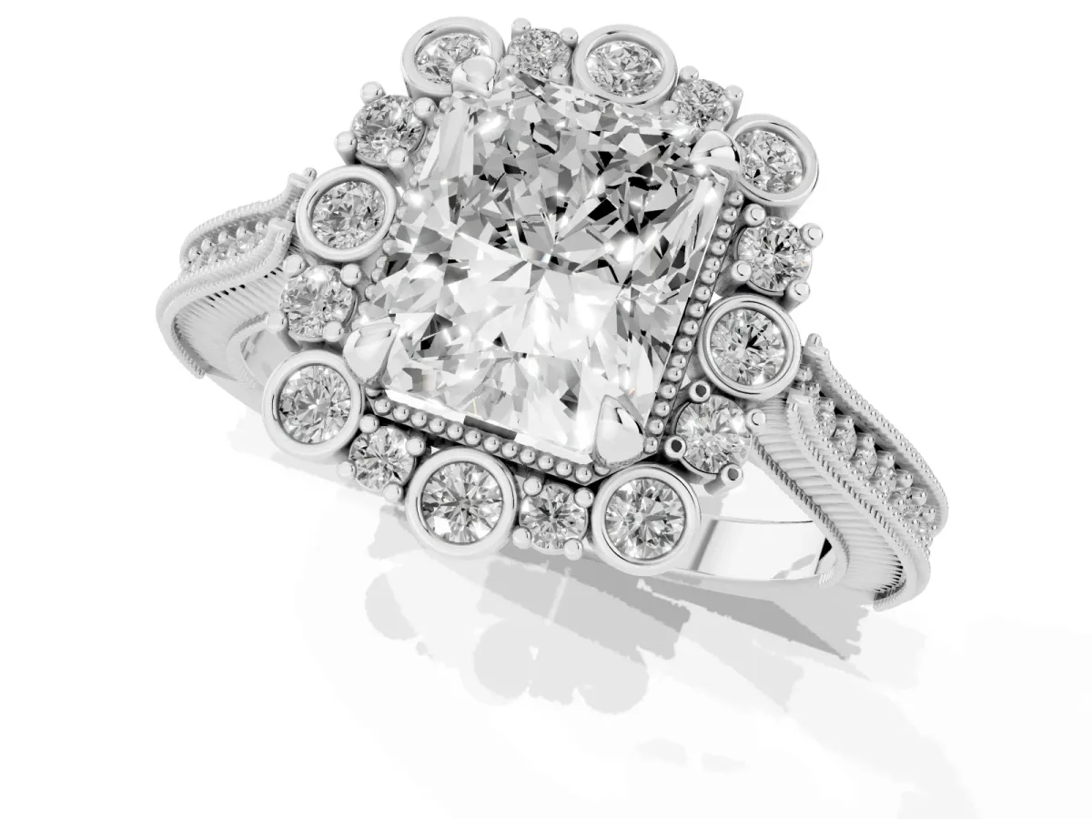Radiant Cut Halo Milgrain Pave Diamond Ring with Four-Prong Setting Silver