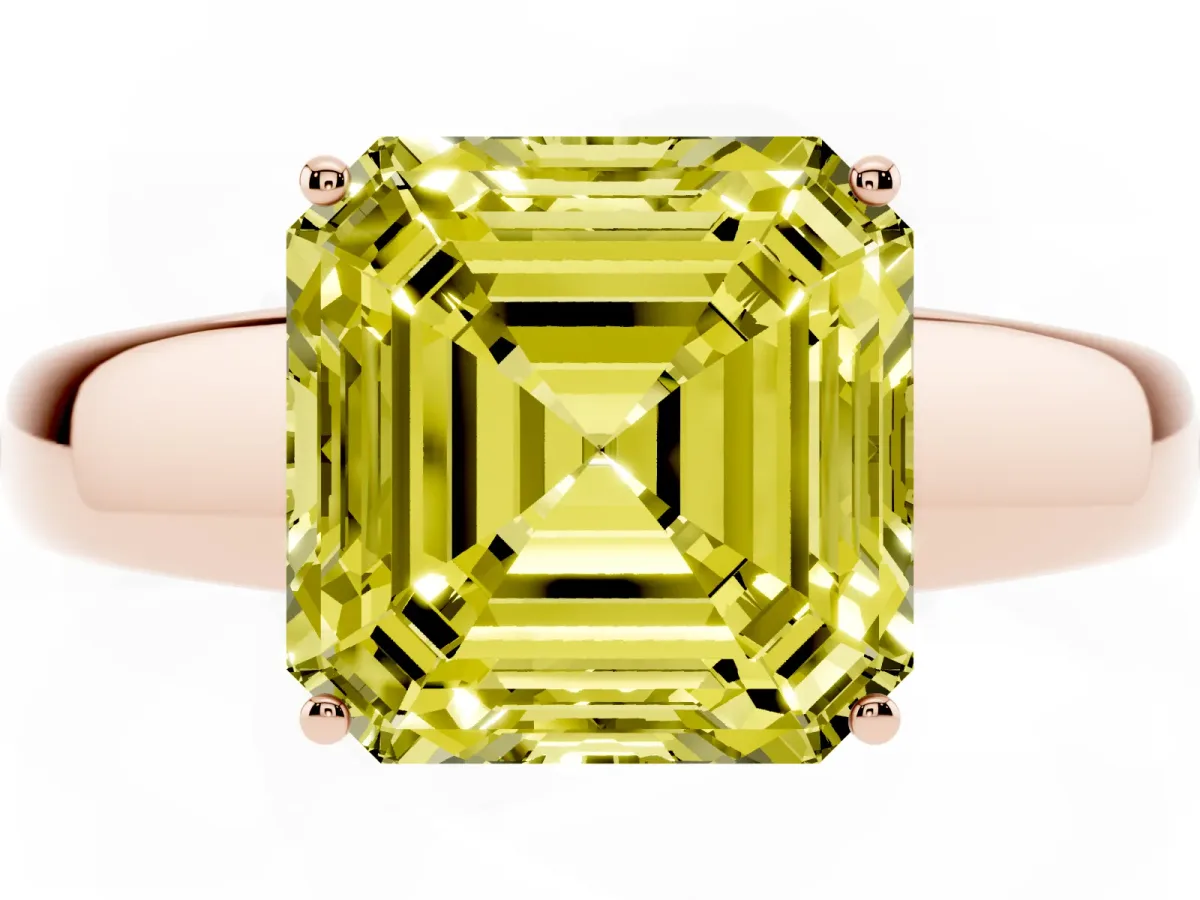 Fancy Yellow Asscher Cut Solitaire Diamond Ring with Tapered Band and Four-Prong Setting Rose gold