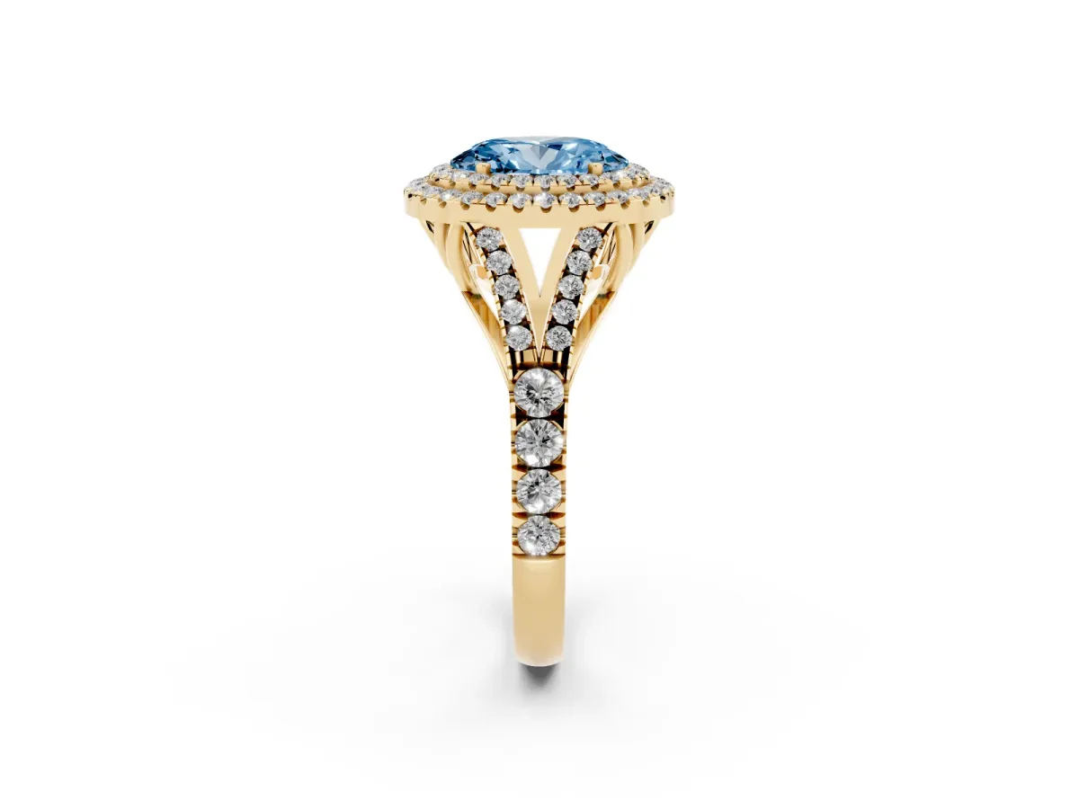 Fancy Blue Oval Cut Cut Double Halo Split Shank Diamond Ring with Prong Setting Yellow gold