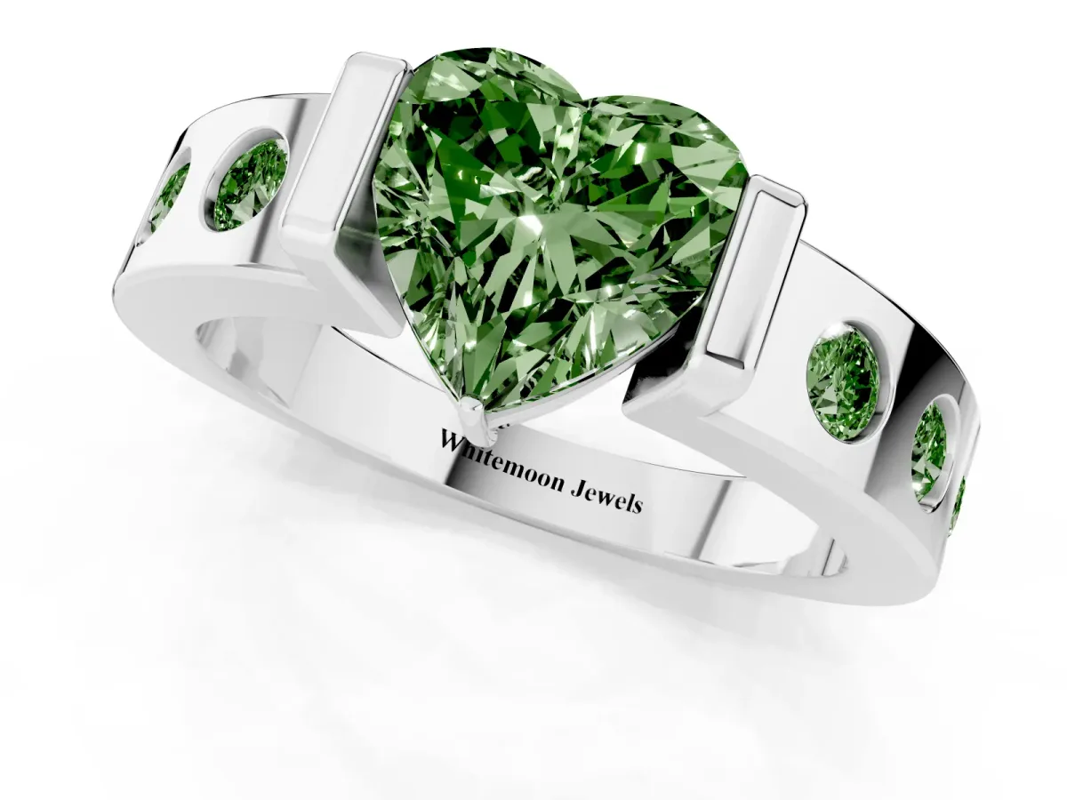 Fancy Green Heart Cut Brilliant Channel-Set Diamond Ring with Bezel Prong Setting Silver