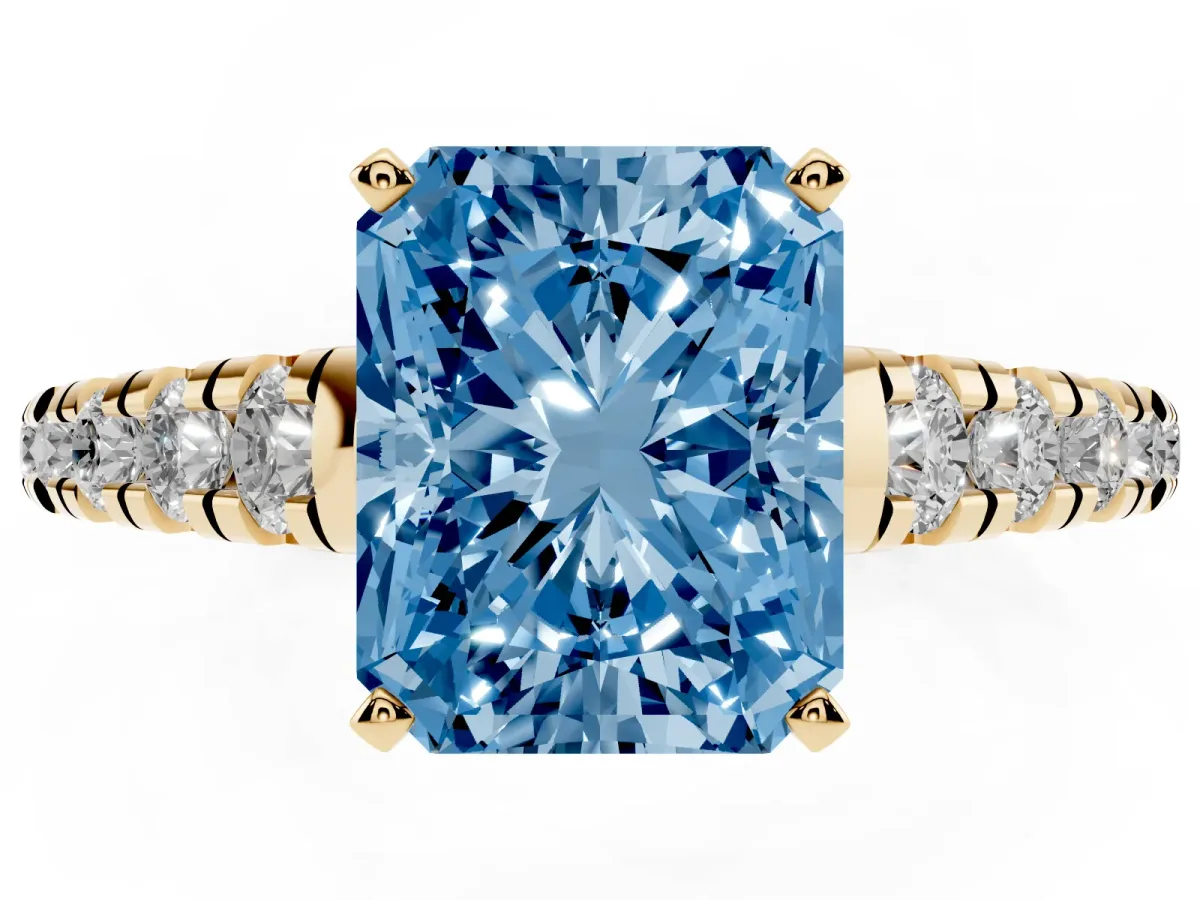 Fancy Blue Radiant Cut Diamond Cathedral Solitaire Ring with Round Pavé Band Yellow gold