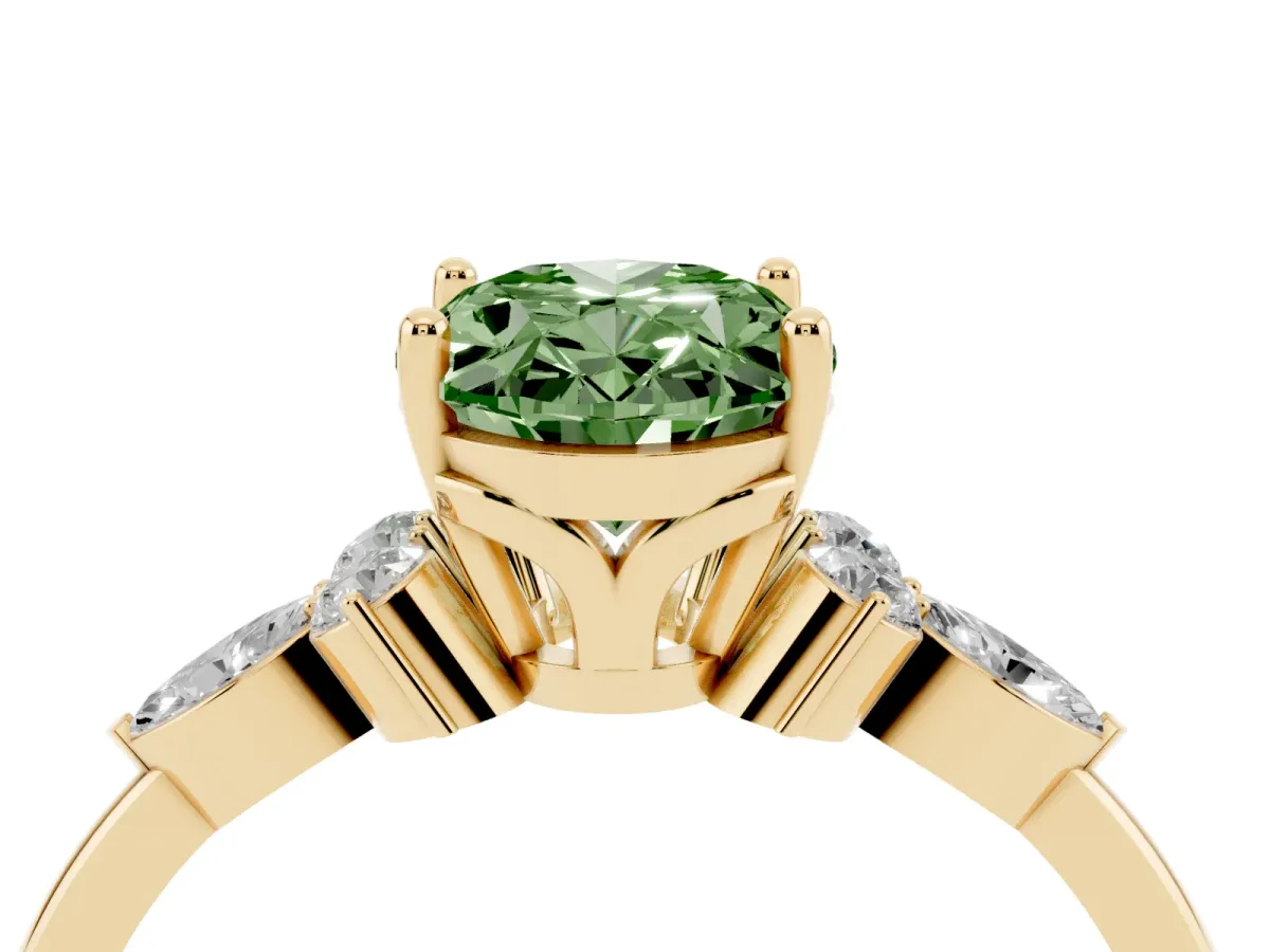 Fancy Green Oval Cut Brilliant Diamond Solitaire Ring with Pear Side Stones and Four-Prong Setting Yellow gold