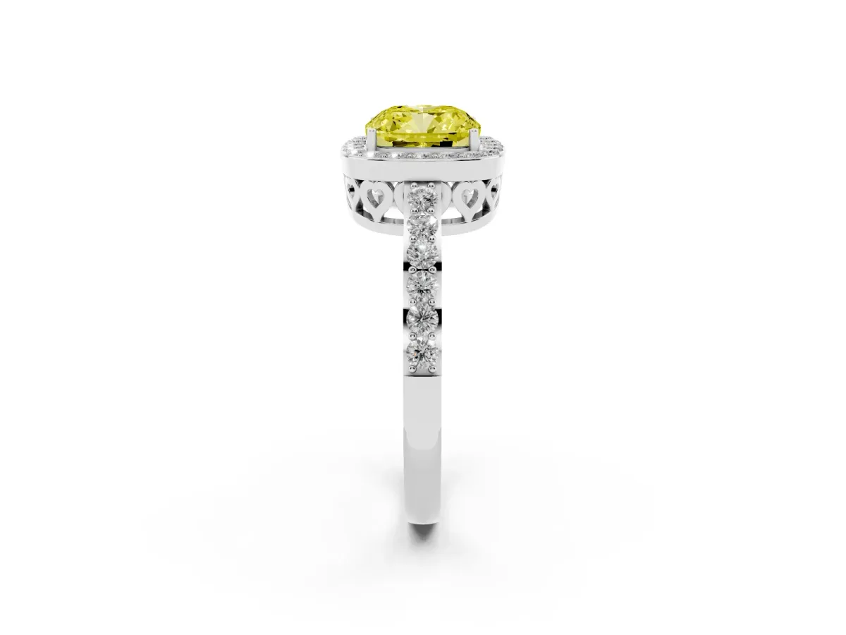 Fancy Yellow Cushion Cut Halo Diamond Pavé Band Ring with Prong Setting Silver