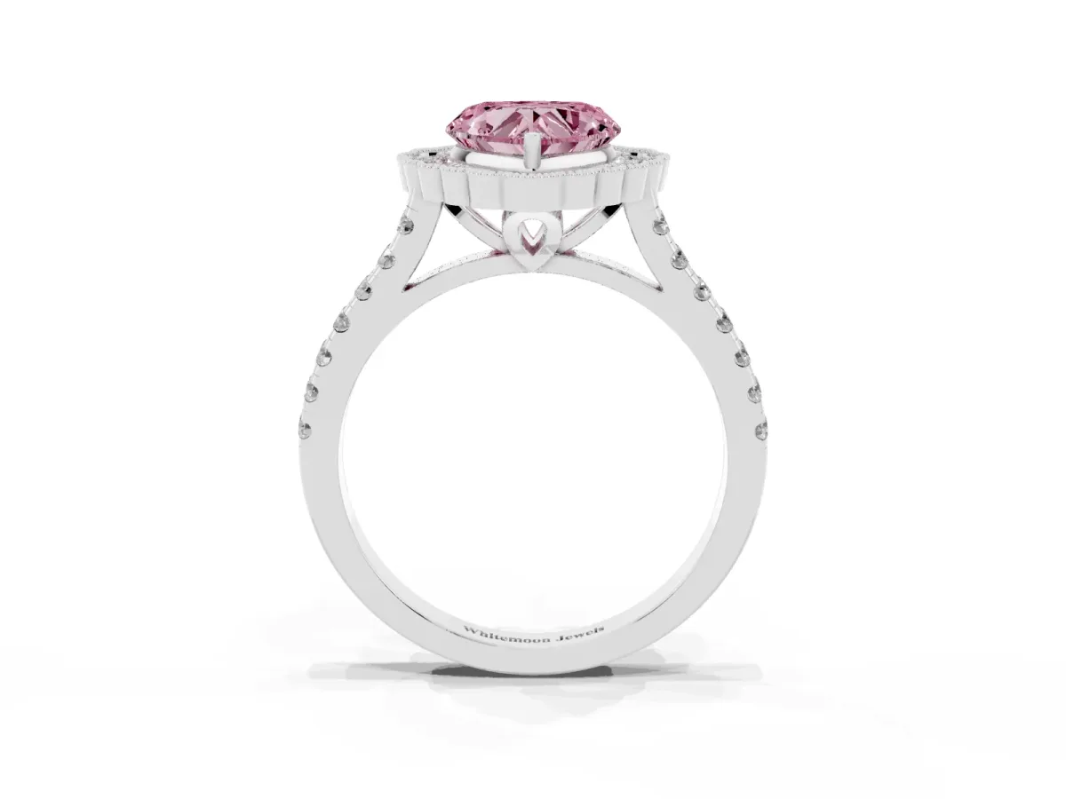 Fancy Pink Heart Cut Cut Diamond Milgrain Floral Halo Engagement Ring with Pavé Band White gold