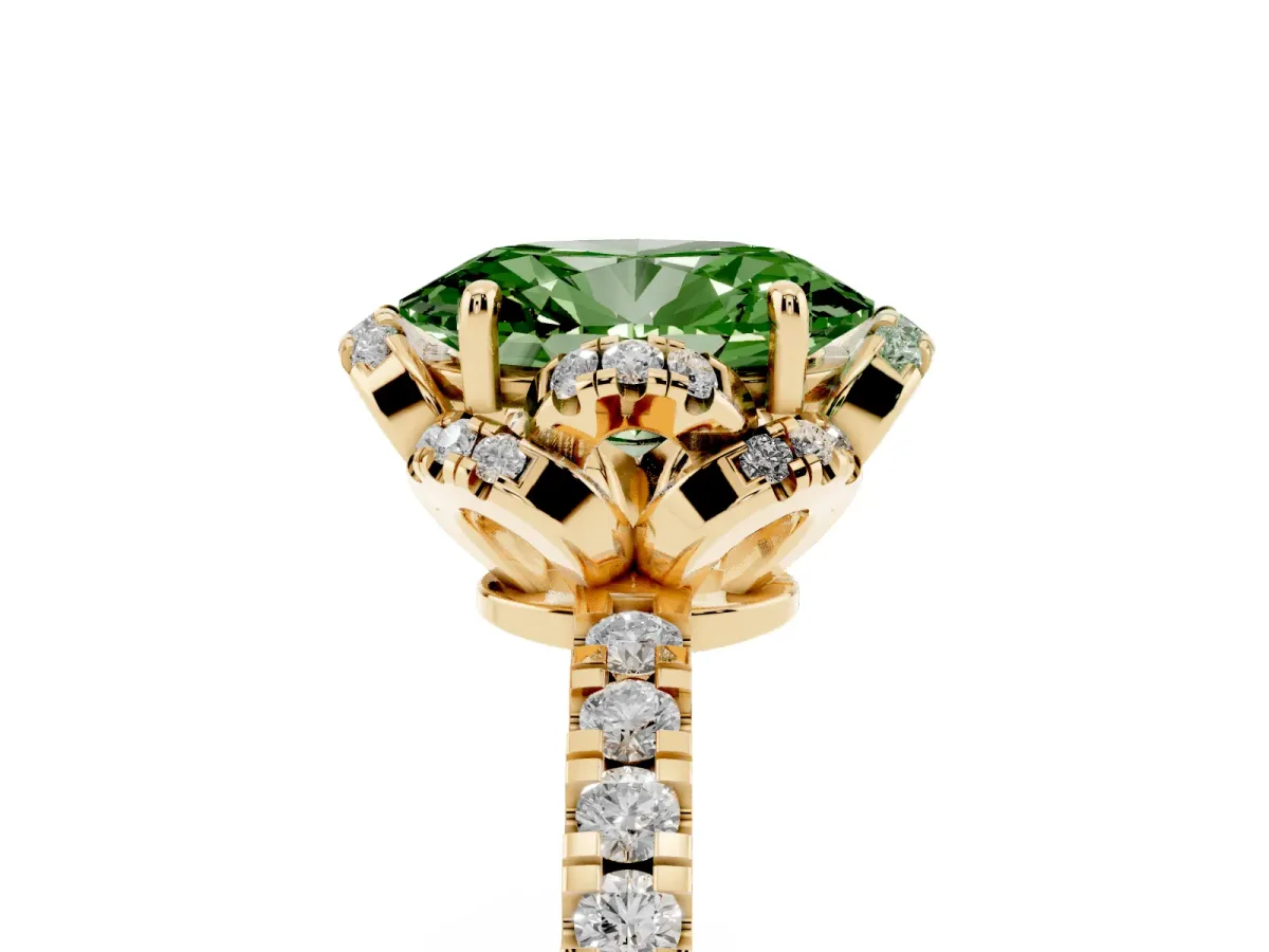 Fancy Green Oval Cut Halo Diamond Pave Band Ring with Four-Prong Setting Yellow gold