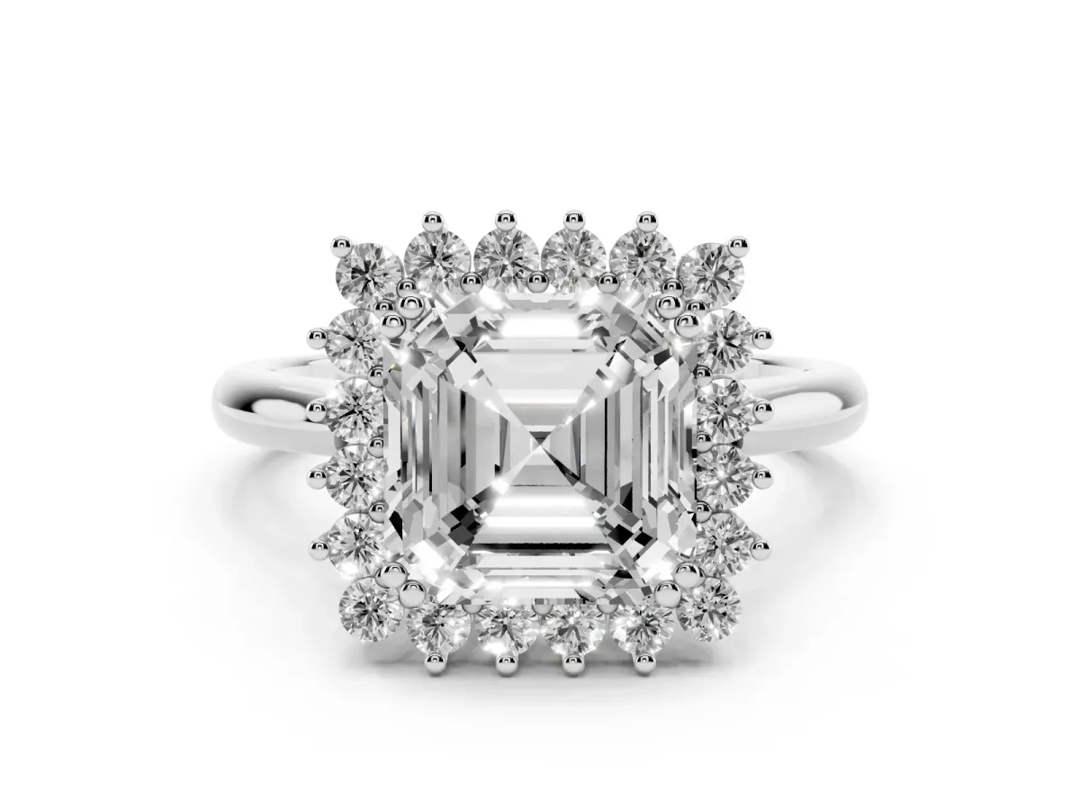 Asscher Cut Cut Diamond Halo Ring with Solitaire Band and Prong Setting Silver
