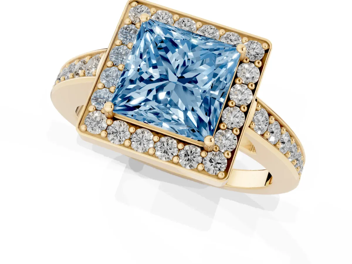 Fancy Blue Princess Cut Halo Pavé Diamond Engagement Ring with Bezel Setting Yellow gold
