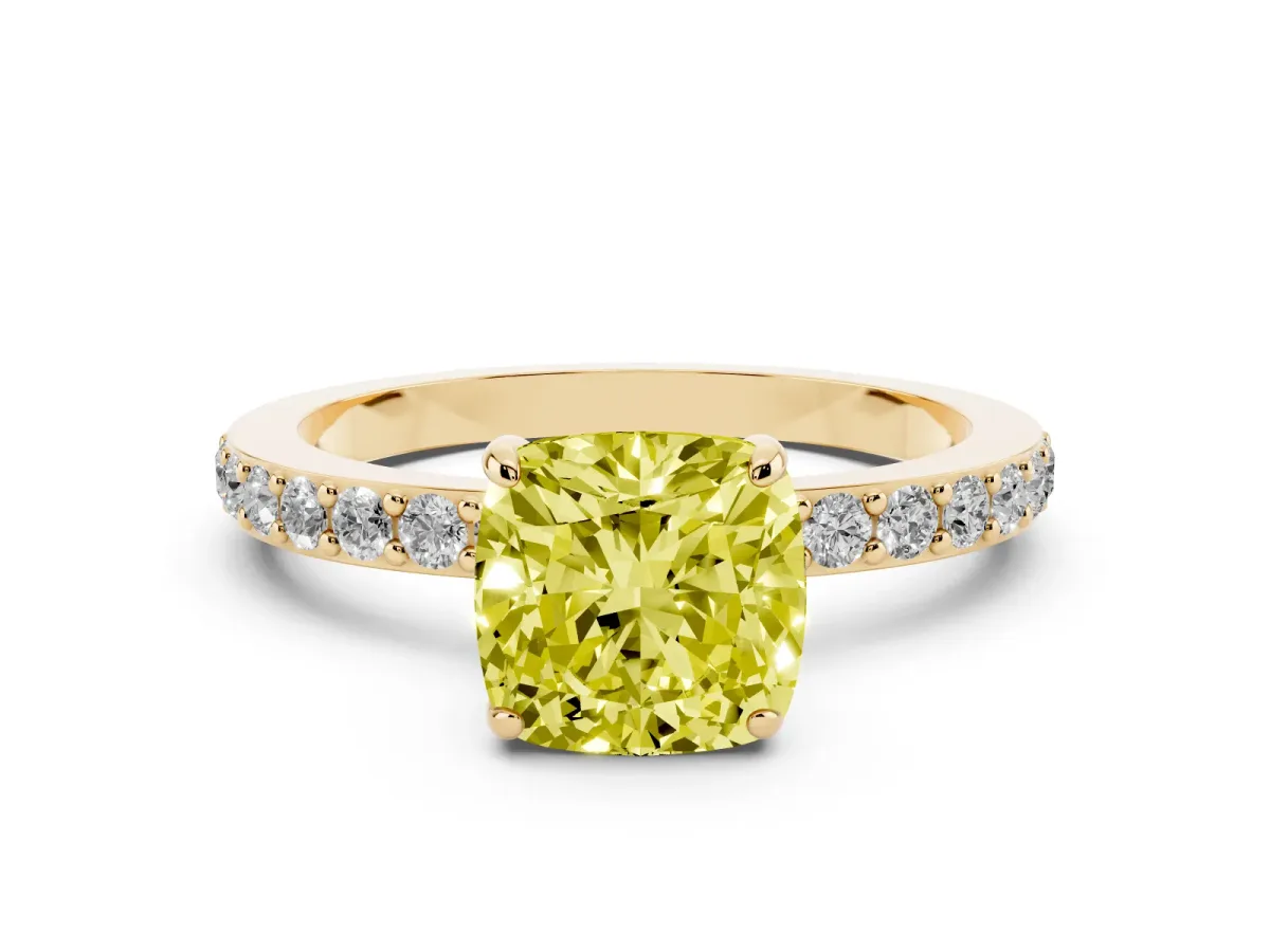 Fancy Yellow Cushion Cut Diamond Solitaire Engagement Ring with Pavé Band and Four-Prong Setting Yellow gold
