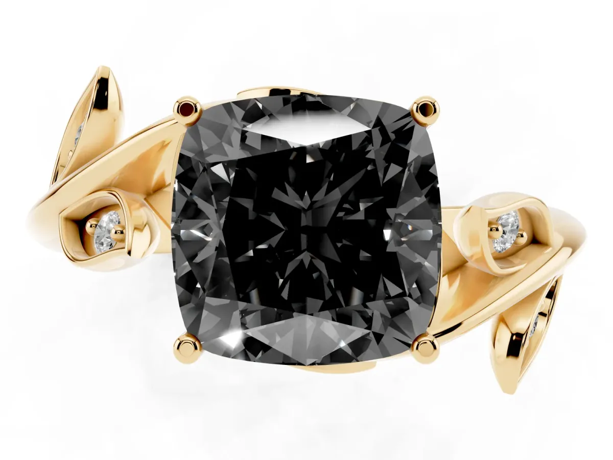 Fancy Black Cushion Cut Solitaire Twist Engagement Ring with Leaf Accents and Prong Setting Yellow gold