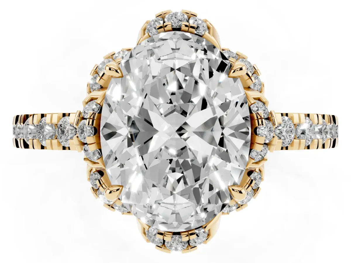 Oval Cut Diamond Halo Pave Band with Four-Prong Setting Yellow gold