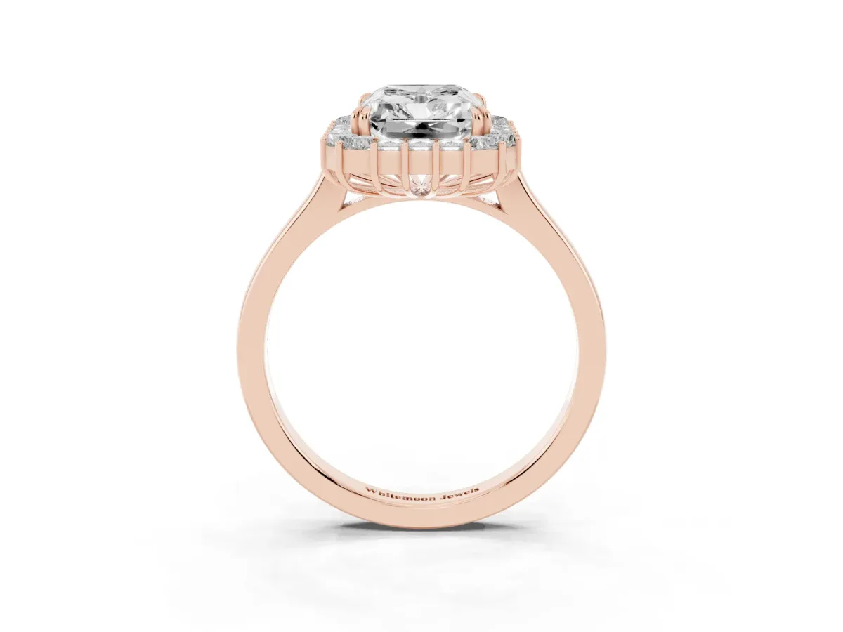 Radiant Diamond Baguette Halo Engagement Ring Rose gold