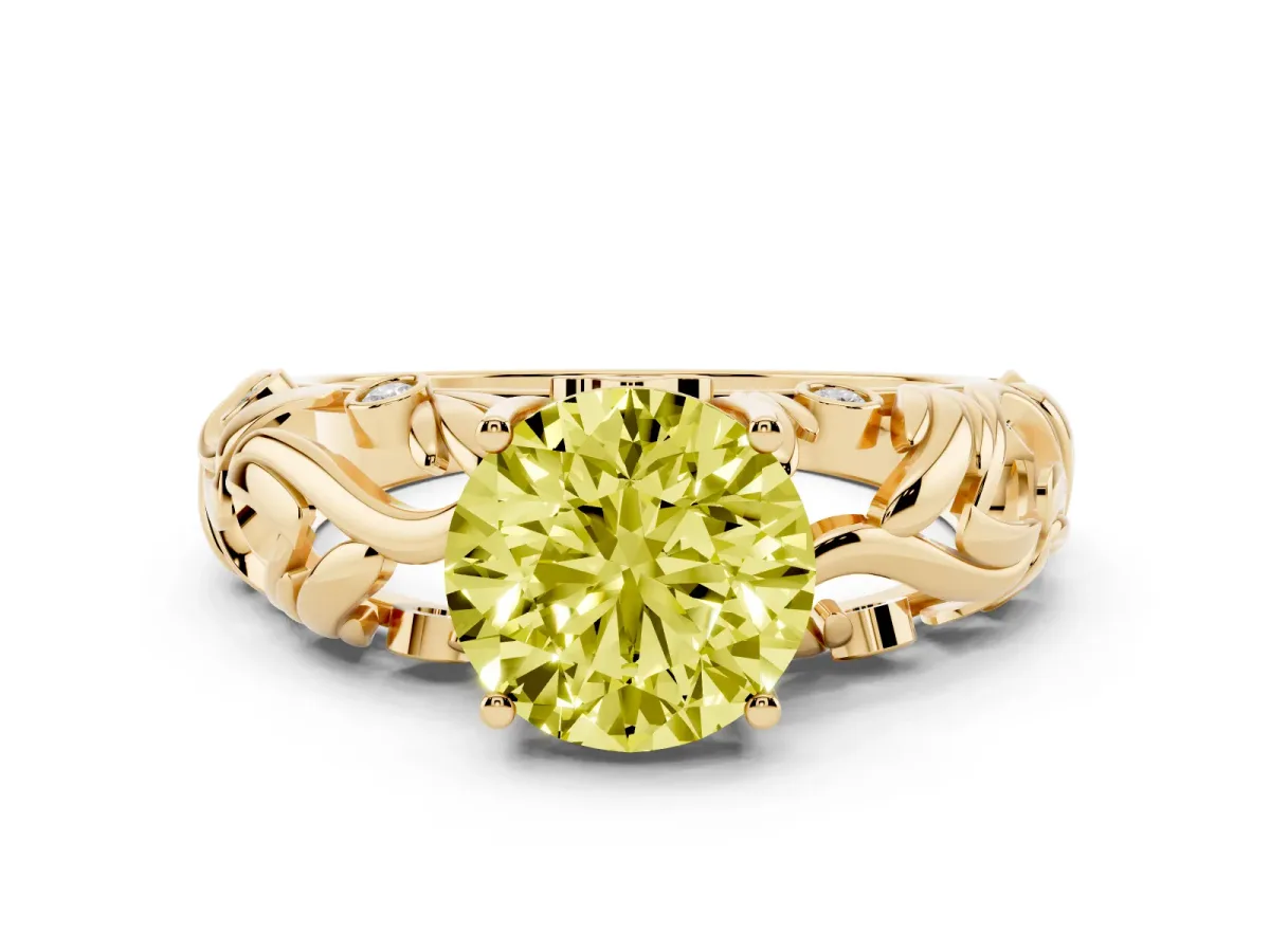 Fancy Yellow Round Cut Solitaire Diamond Leaf-Inspired Vine Band Ring with Prong Setting Yellow gold