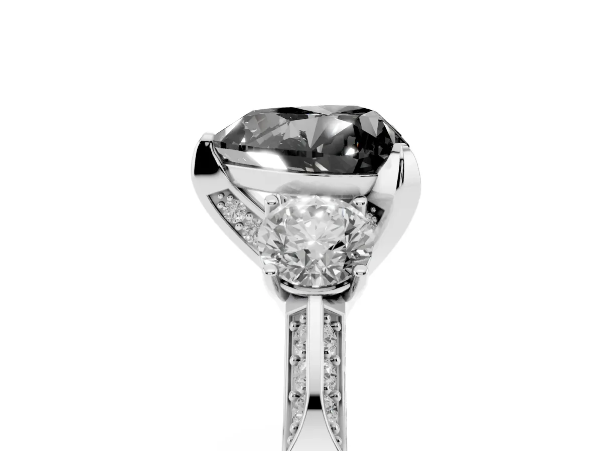 Fancy Black Heart Cut Brilliant Three-Stone Diamond Ring with Pavé Band and Four-Prong Setting Platinum