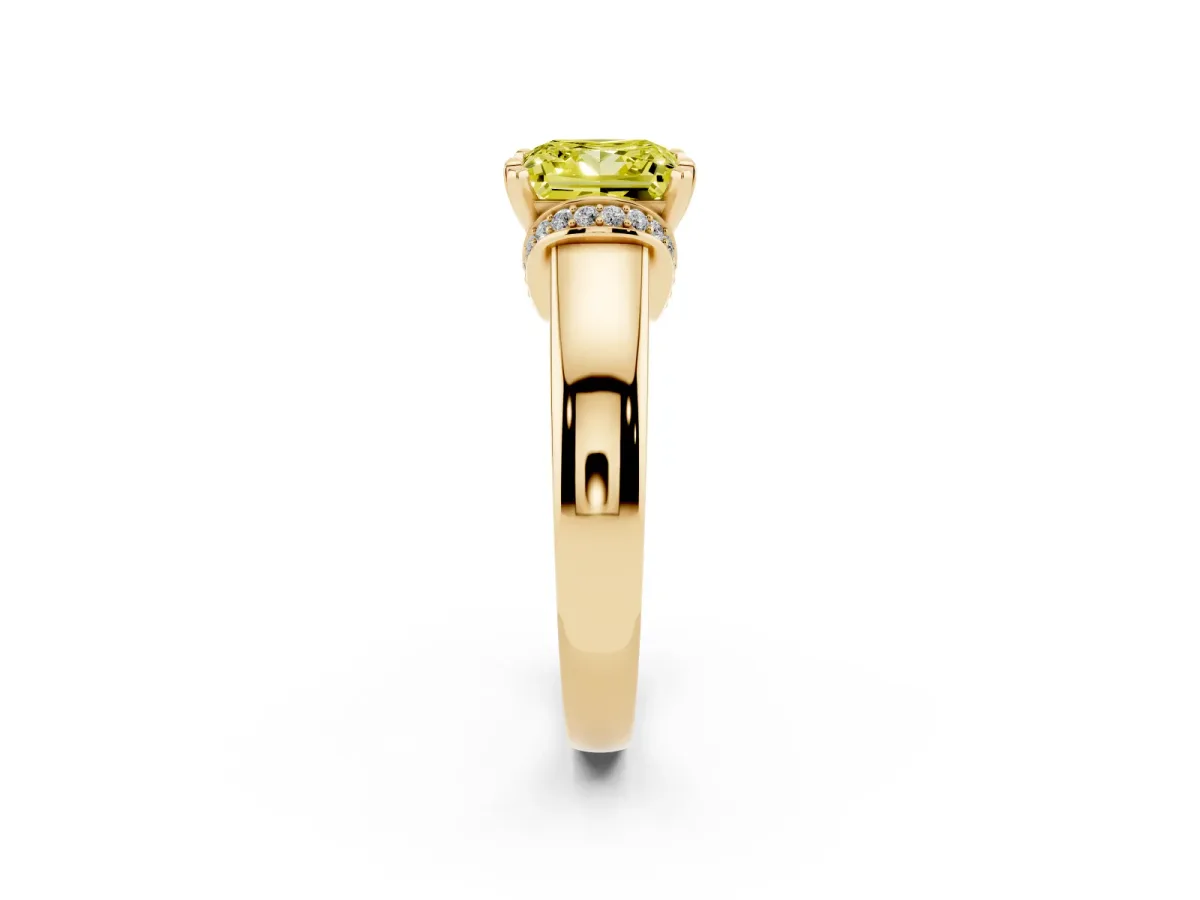 Fancy Yellow Princess Cut Solitaire Diamond Ring with Pave Band and Six-Prong Setting Yellow gold