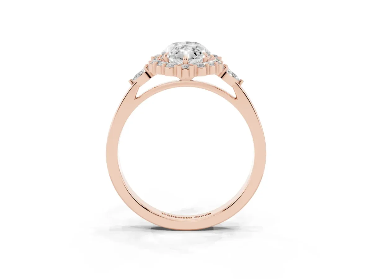 Marquise Cut Diamond Halo Ring with Pear Side Stones and Prong Setting Rose gold