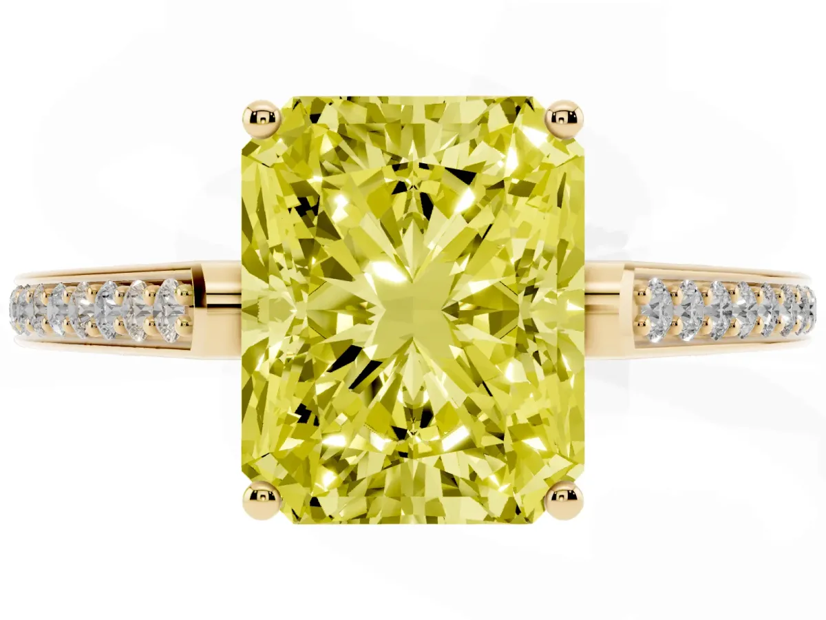Fancy Yellow Radiant Cut Cut Cathedral Pave Diamond Engagement Ring with Six-Prong Setting Yellow gold