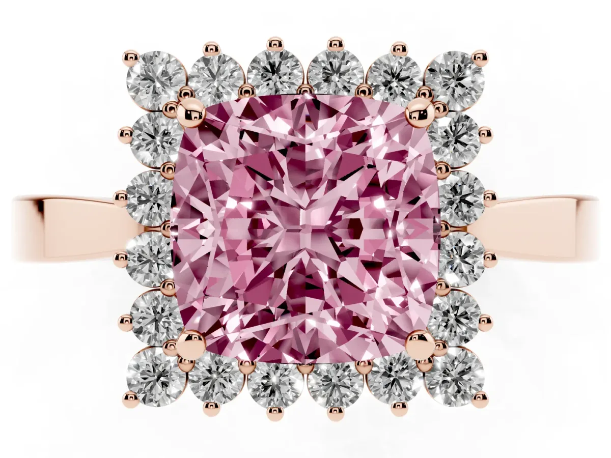 Fancy Pink Cushion Cut Cut Diamond Halo Ring with Round Brilliant Halo and Solitaire Band Rose gold