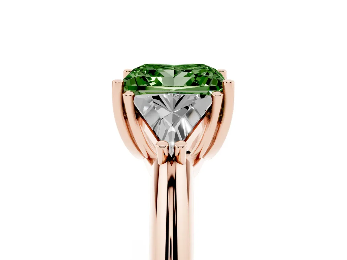 Fancy Green Three-Stone Princess Cut Diamond Engagement Ring with Trillion Side Stones and Prong Setting Rose gold