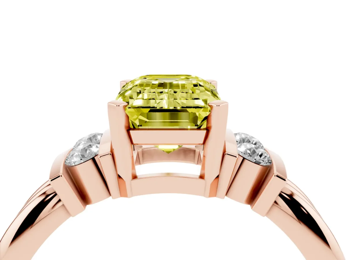 Fancy Yellow Emerald Cut Cut Three-Stone Channel Set Ring with Bar Prongs Rose gold