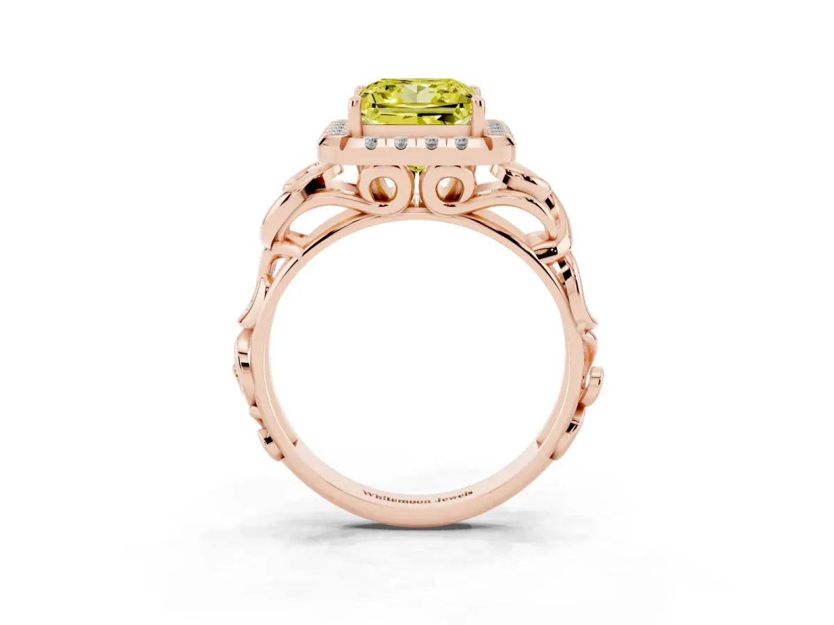 Fancy Yellow Princess Cut Cut Halo Diamond Ring with Scrollwork Band and Four-Prong Setting Rose gold