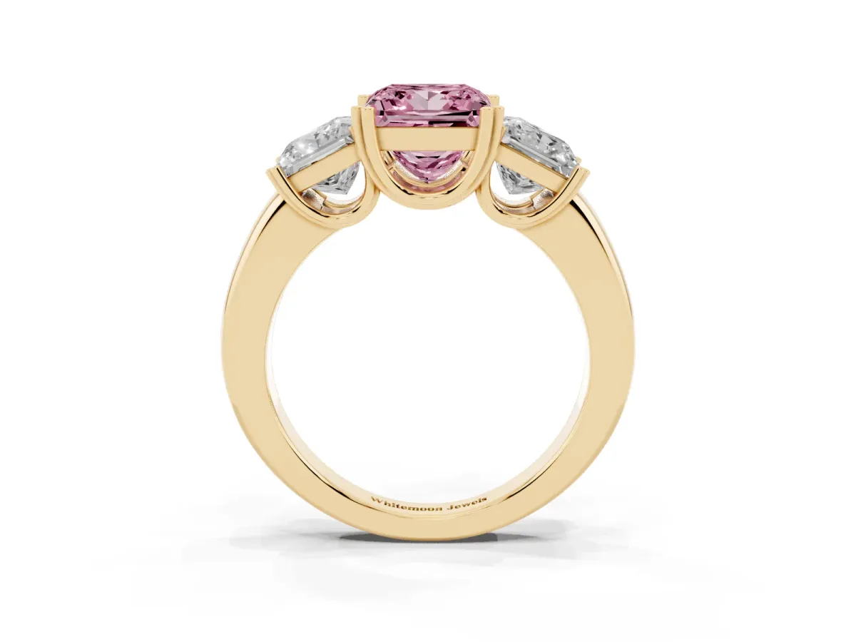 Fancy Pink Three-Stone Princess Cut Cut Diamond Ring with Channel Set Band and Four-Prong Setting Yellow gold