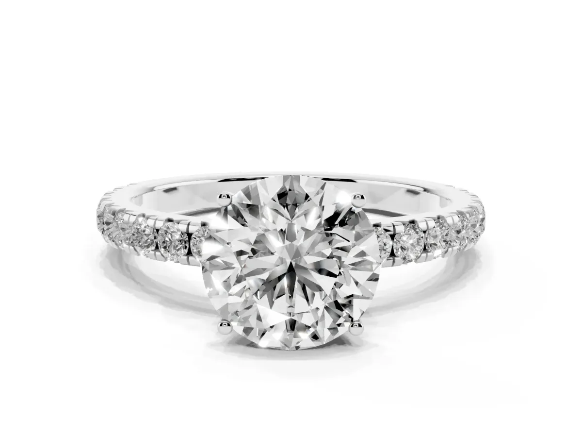 Round Cut Diamond Pavé Solitaire Engagement Ring with Four-Prong Setting Silver