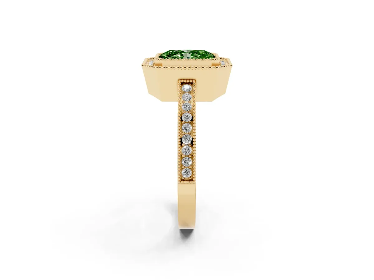 Fancy Green Radiant Cut Cut Halo Diamond Ring with Pavé Band and Milgrain Prong Setting Yellow gold