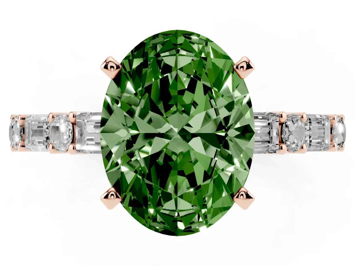 Fancy Green Oval Cut Diamond Solitaire with Side Baguettes and Channel Set Band Rose gold