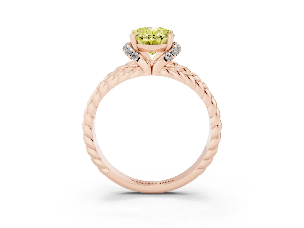 Fancy Yellow Oval Cut Halo Twisted Band Four-Prong Ring Rose gold