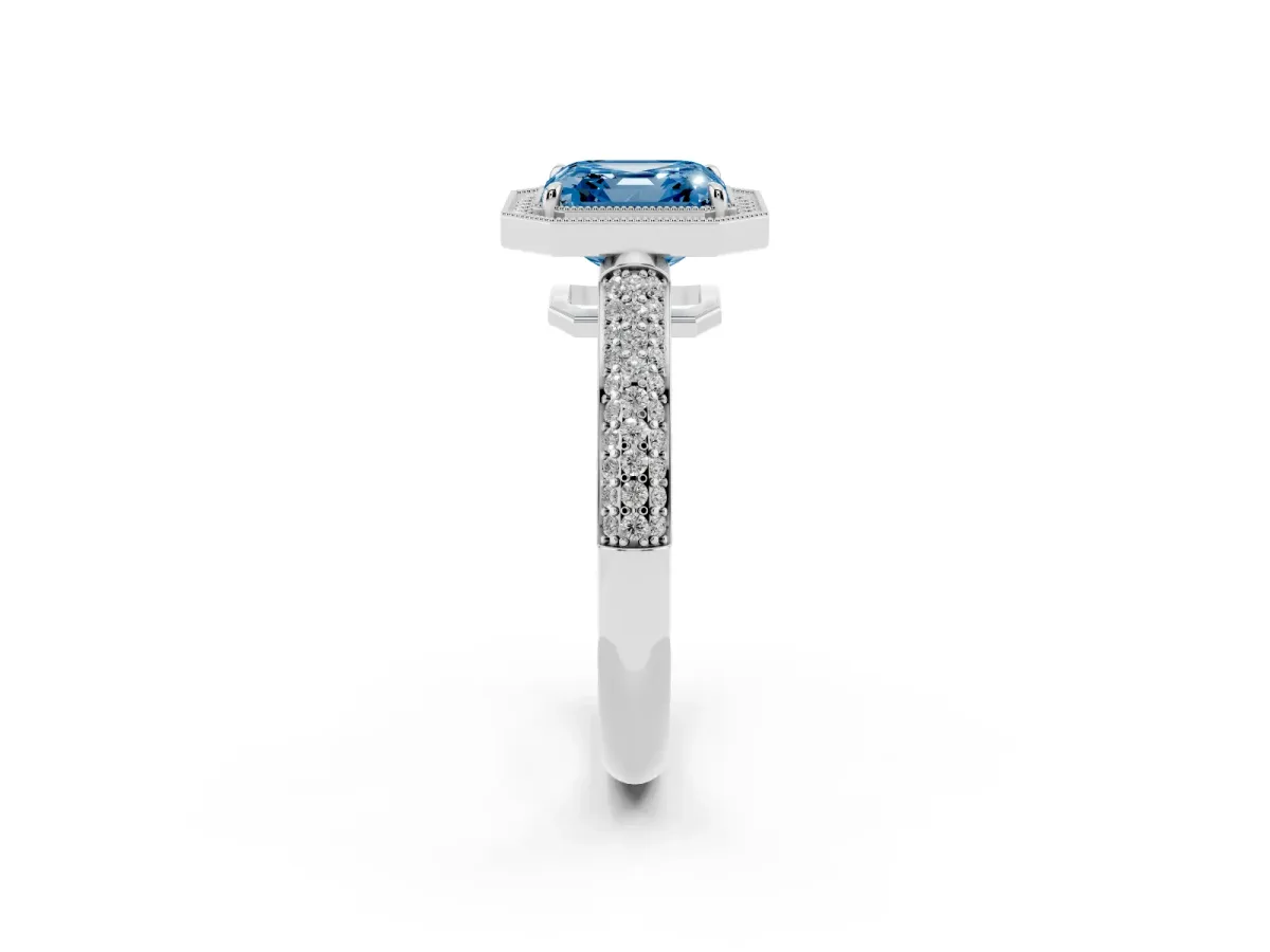 Fancy Blue Asscher Cut Cut Halo Diamond Pave Band with Four-Prong Setting Platinum