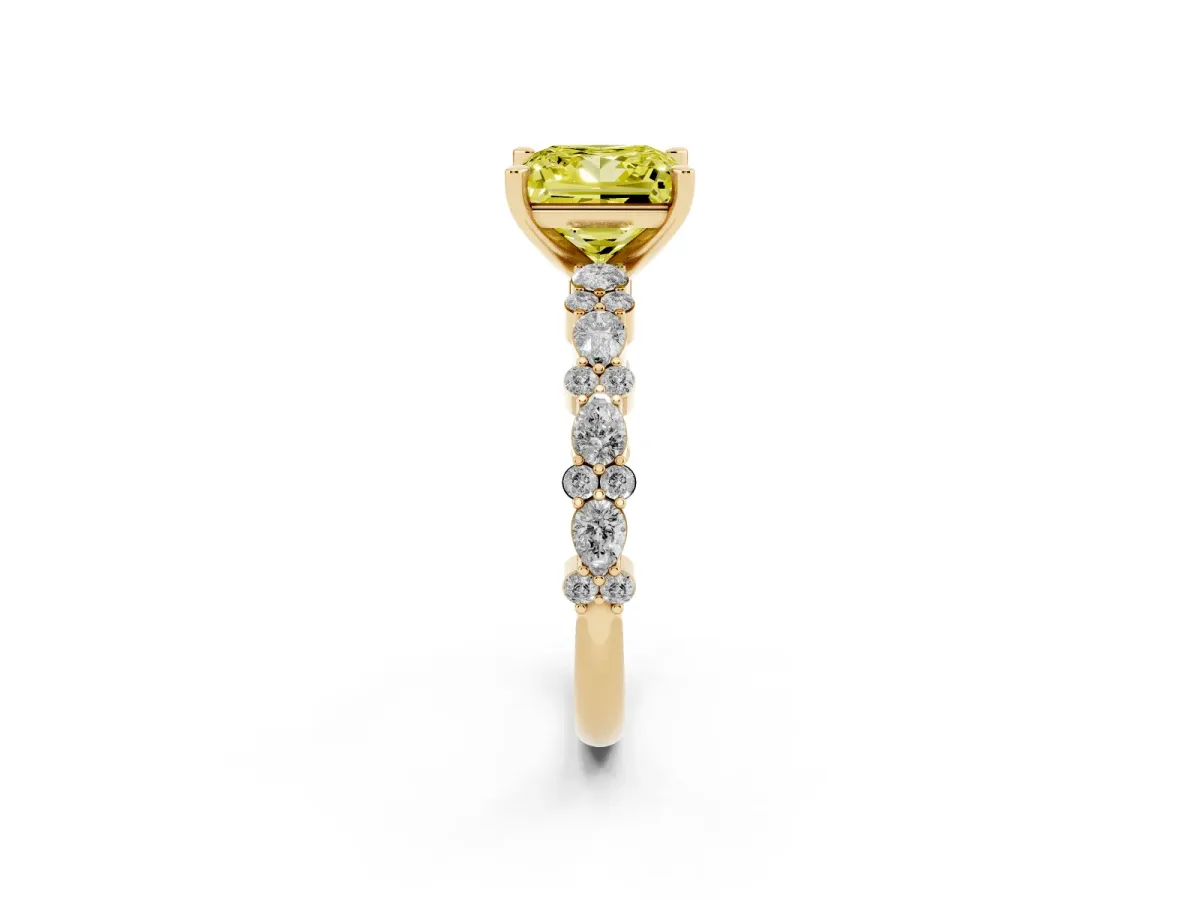 Fancy Yellow Princess Cut Diamond Side Stone Solitaire Ring with Round and Four-Prong Setting Yellow gold
