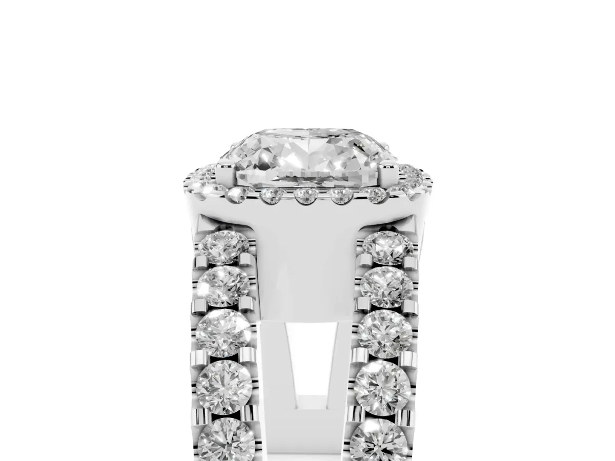 Cushion Cut Cut Halo Split Shank Diamond Ring with Four-Prong Setting White gold
