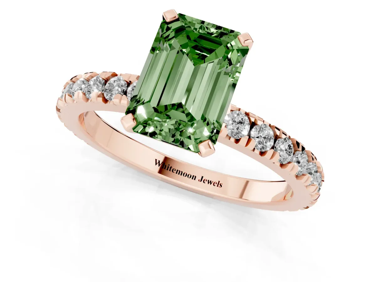Fancy Green Emerald Cut Diamond Pavé Band Solitaire with Four-Prong Setting Rose gold