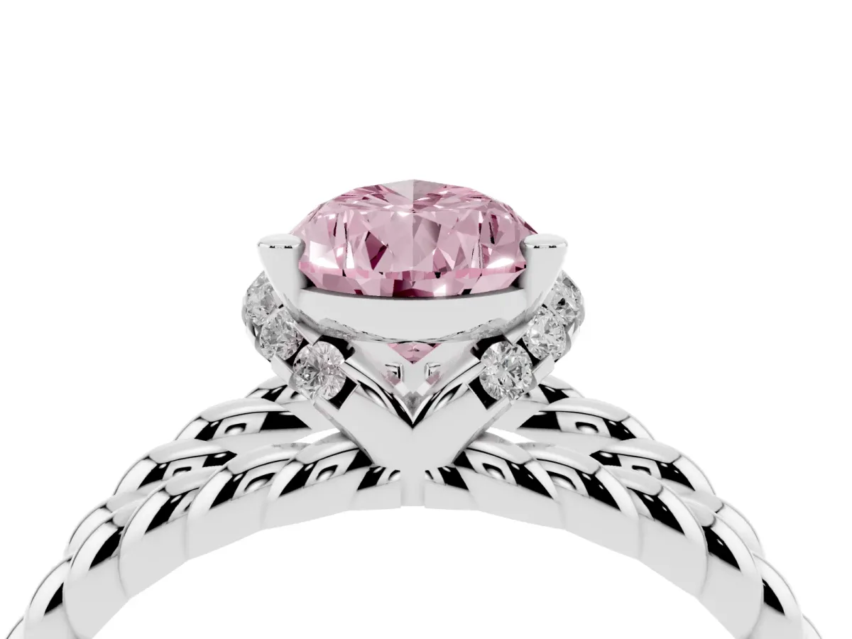 Fancy Pink Pear Cut Halo Twisted Band Four-Prong Ring Silver
