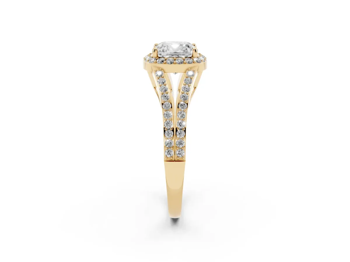 Cushion Cut Halo Split Shank Diamond Ring with Prong Setting Yellow gold