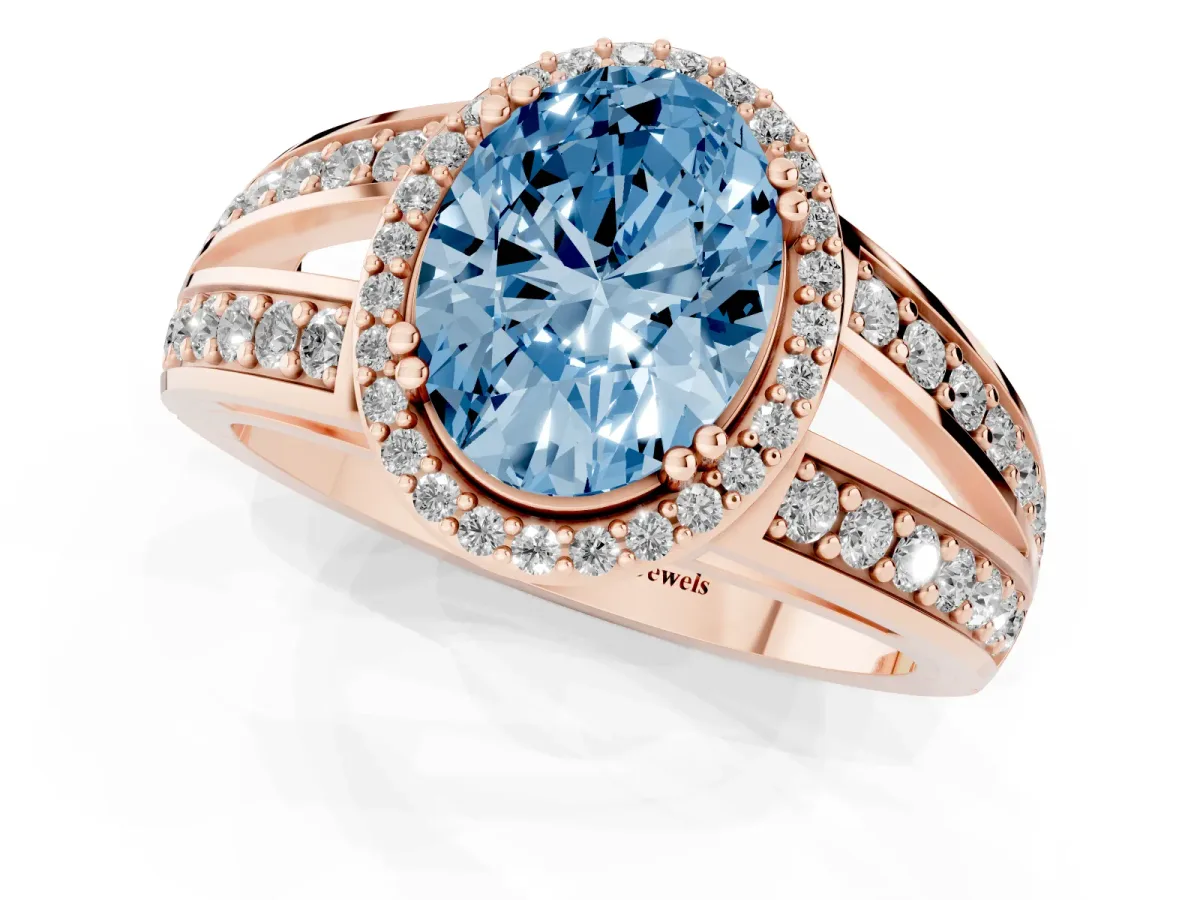 Fancy Blue Oval Cut Diamond Halo Ring with Split Shank Pavé Band and Four-Prong Setting Rose gold