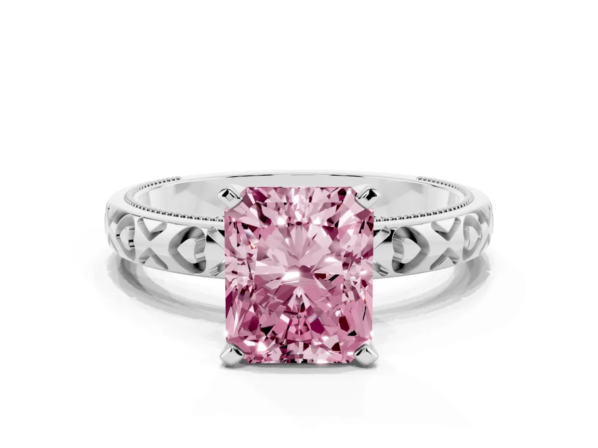 Fancy Pink Radiant Cut Solitaire Diamond Engagement Ring with XO Engraved Band and Four-Prong Setting White gold