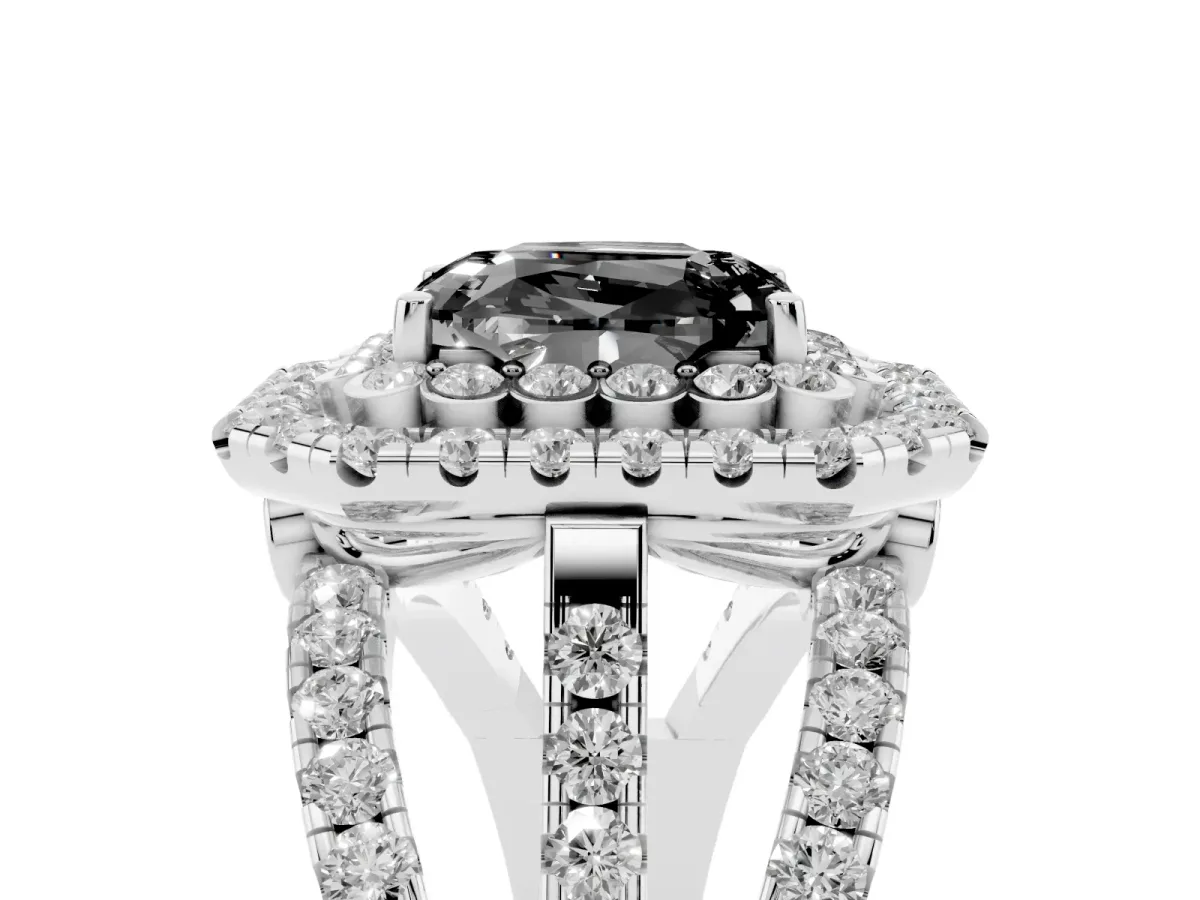 Fancy Black Emerald Cut Diamond Double Halo Ring with Round Pavé Split Shank and Prong Setting Silver