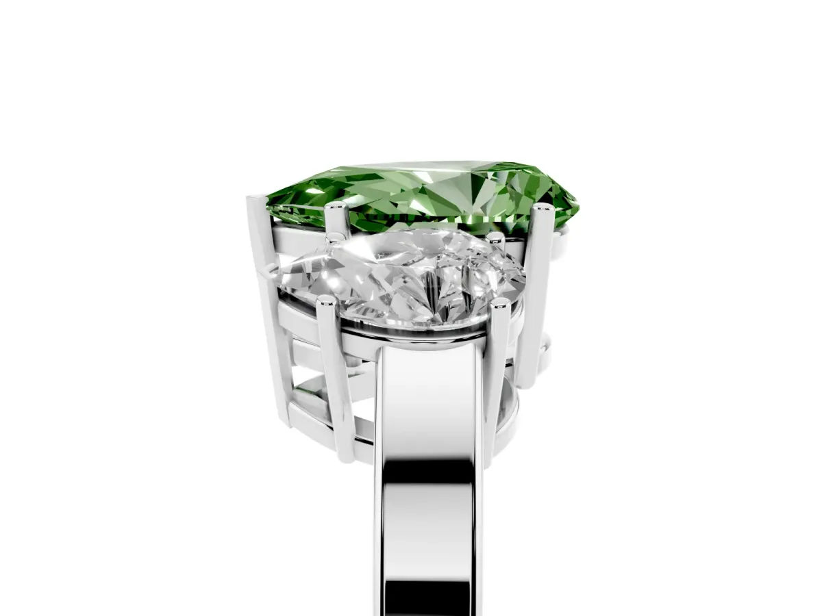 Fancy Green Three-Stone Pear Cut Cut Diamond Engagement Ring with Flat Band and Four-Prong Setting Silver