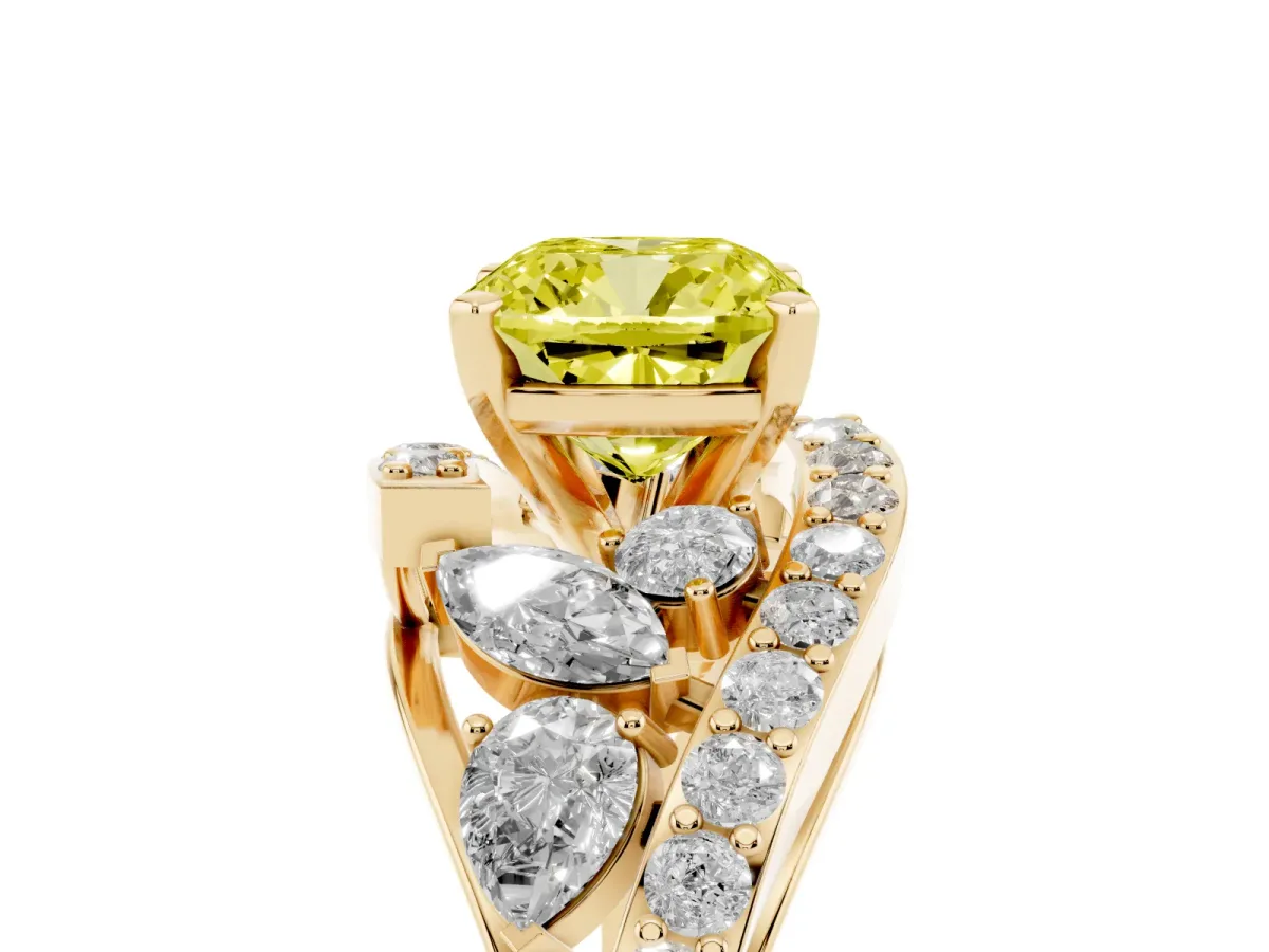 Fancy Yellow Cushion Cut Diamond Halo Ring with Marquise and Pavé Band in Prong Setting Yellow gold