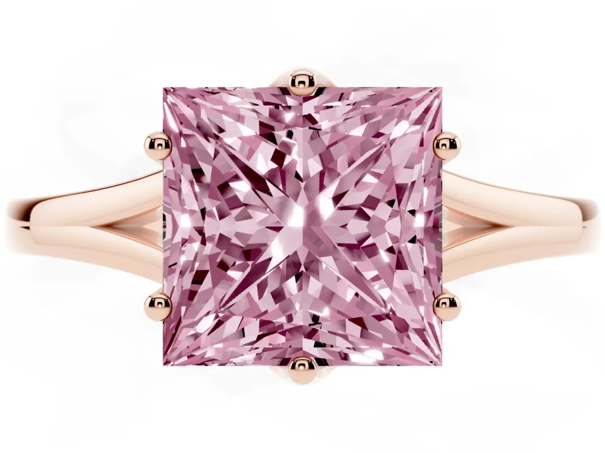 Fancy Pink Princess Cut Solitaire Diamond Ring with Six-Prong Setting and Tapered Band Rose gold