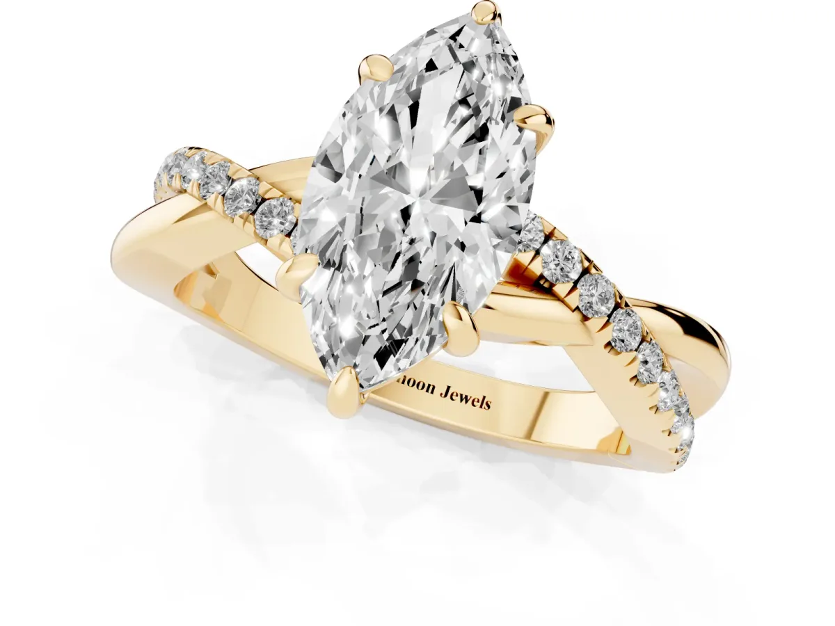 Marquise Cut Cut Diamond Twist Band Solitaire with Prong Setting Yellow gold