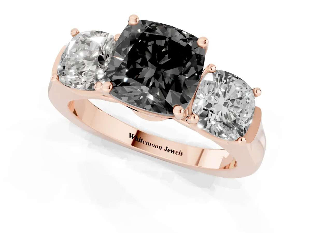 Fancy Black Three-Stone Cushion Cut Brilliant Diamond Trellis Ring with Comfort Fit Band Rose gold