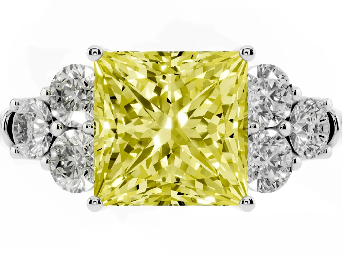 Fancy Yellow Princess Cut Cut Diamond Cluster Ring with Round Accent Stones and Prong Setting on a Classic Band White gold