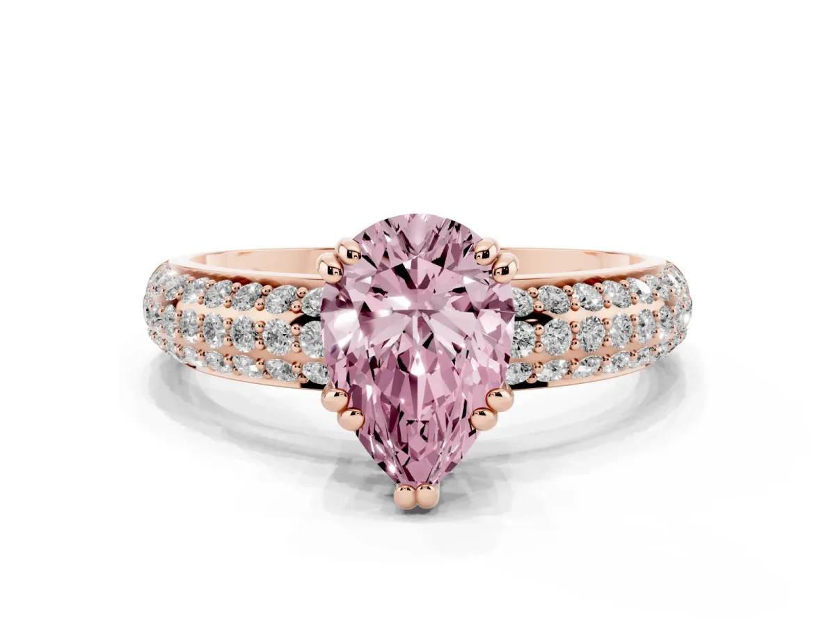 Fancy Pink Pear Cut Diamond Solitaire Ring with Multi-Row Round Pavé Band and Prong Setting Rose gold