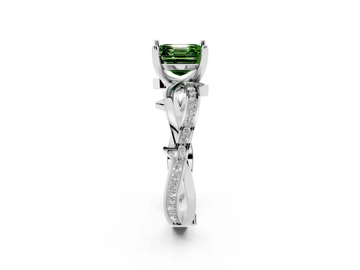 Fancy Green Asscher Cut Solitaire Twist Band with Pavé Accents and Four-Prong Setting Platinum