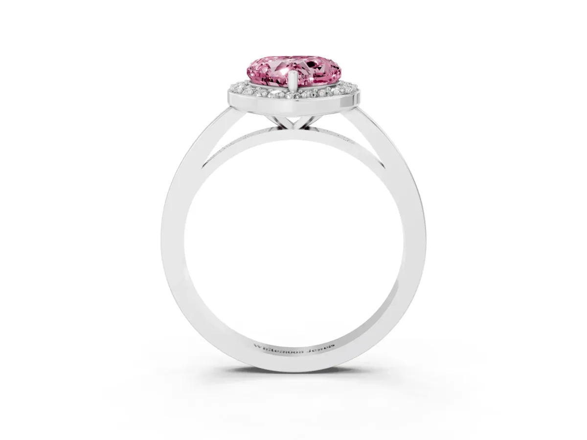 Fancy Pink Heart Cut Halo Diamond Ring with Solitaire Band and Prong Setting Silver