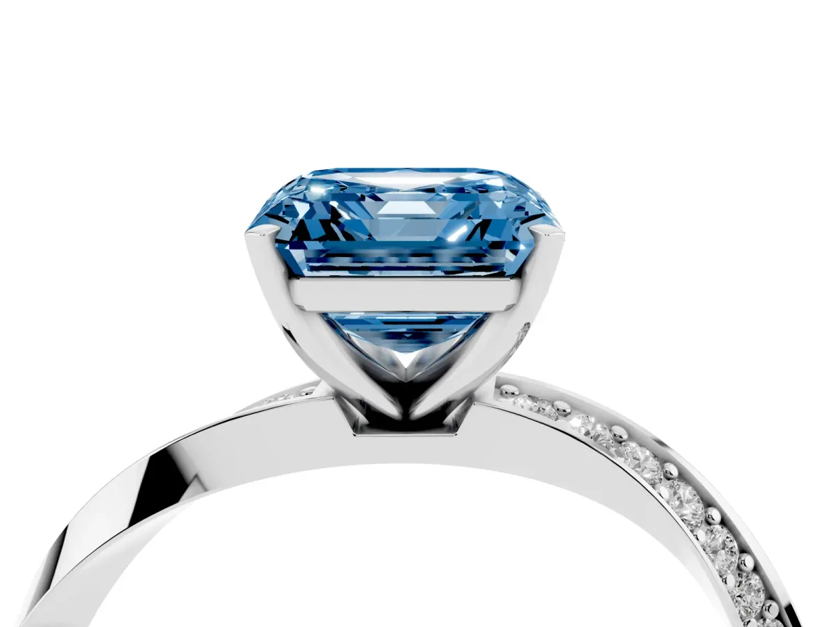 Fancy Blue Asscher Cut Diamond Engagement Ring with Side Stone Accents and Four-Prong Setting Silver